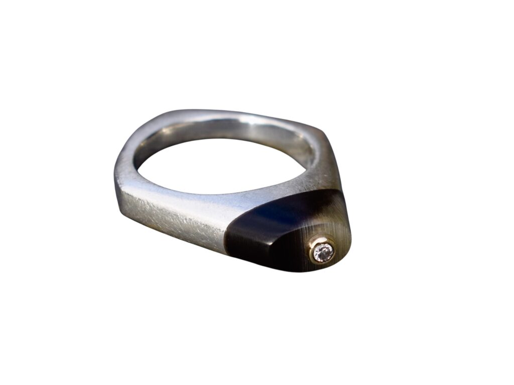Horn Ring with Recycled Silver, 9ct Yellow Gold and Diamond